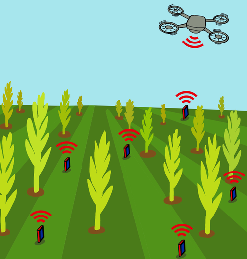 Diagram of sensors distributed across a farm field, reporting to a drone